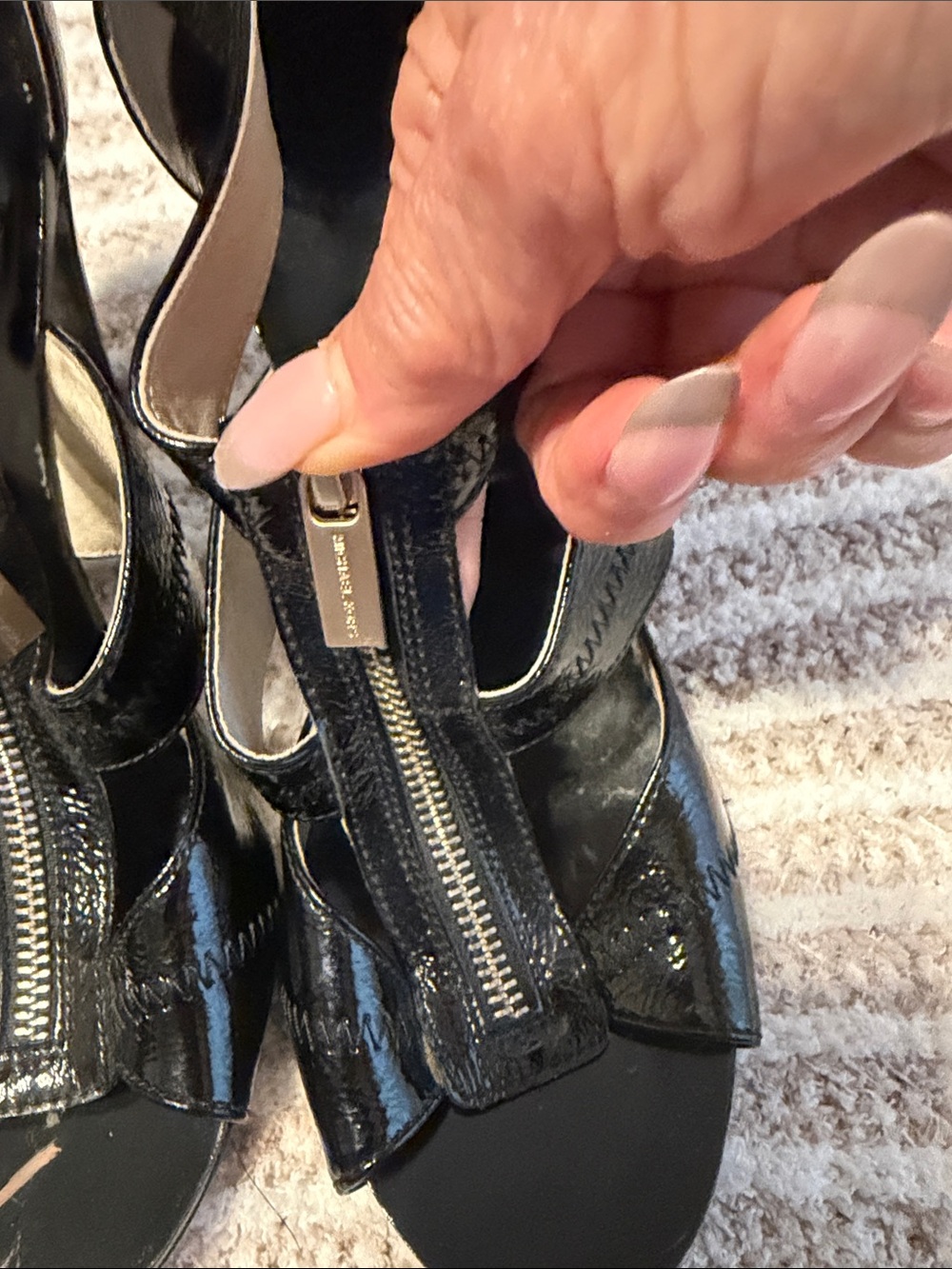 Michael Kors Black Patent Leather Zipper Peep-Toe Heels - Picture 2 of 4